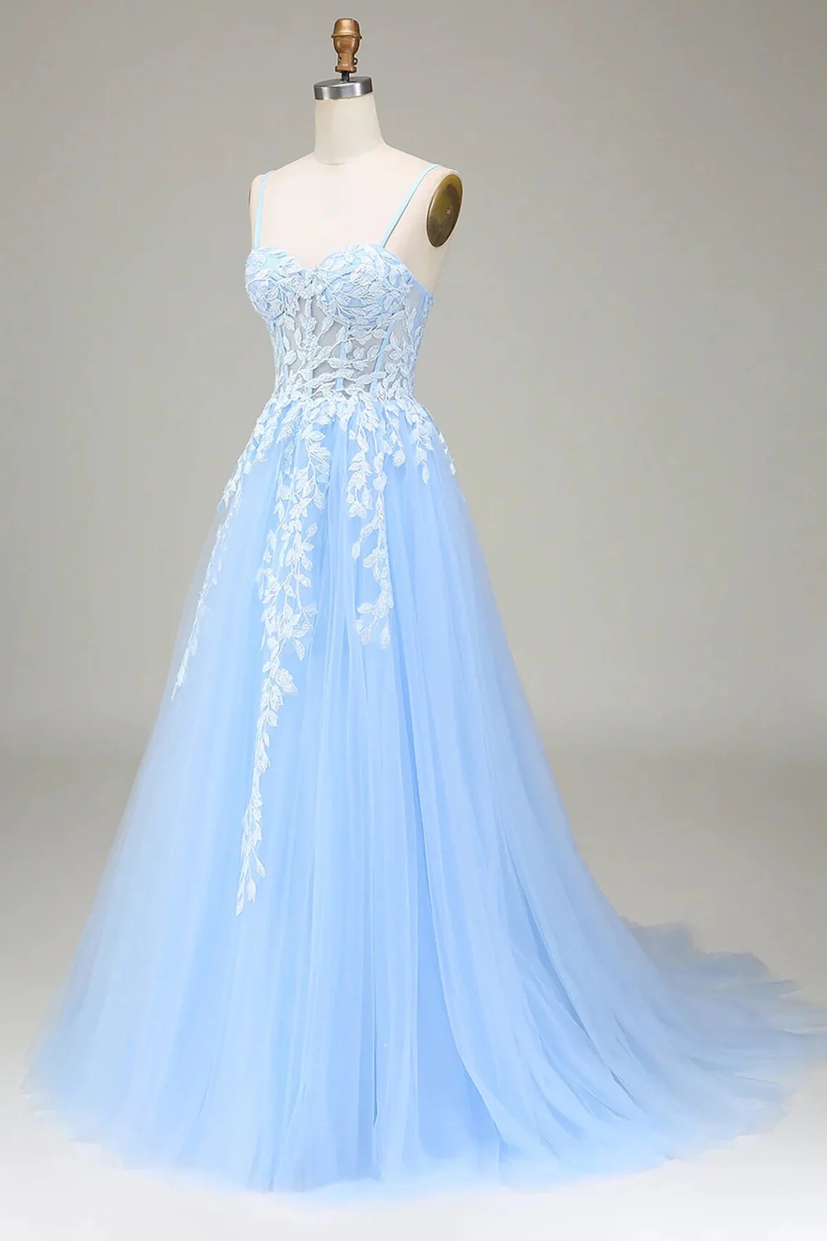 A-line Tulle Blue with Lace Sweetheart Straps Full Of Charm Prom Dress