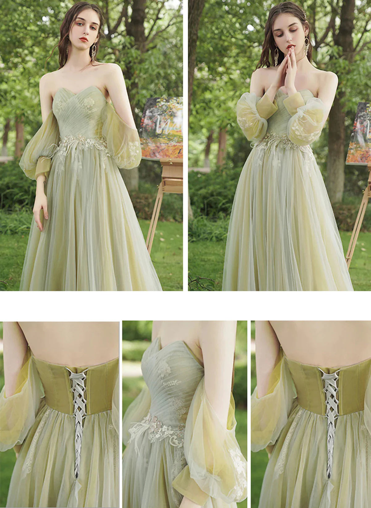 A-line Green Tulle Off Shoulder Lace Applique Full Of Charm Prom Dress