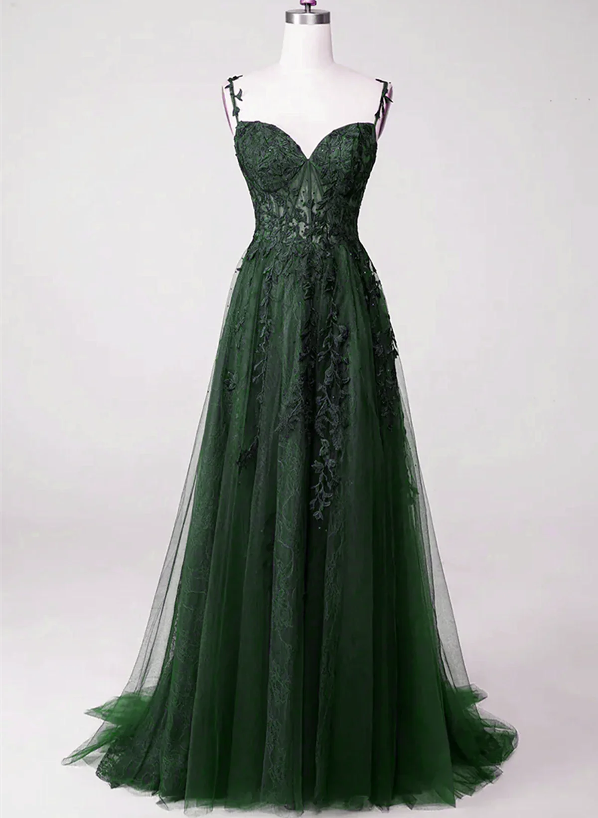 Dark Green Tulle with Lace Beaded Straps Full Of Charm Prom Dress