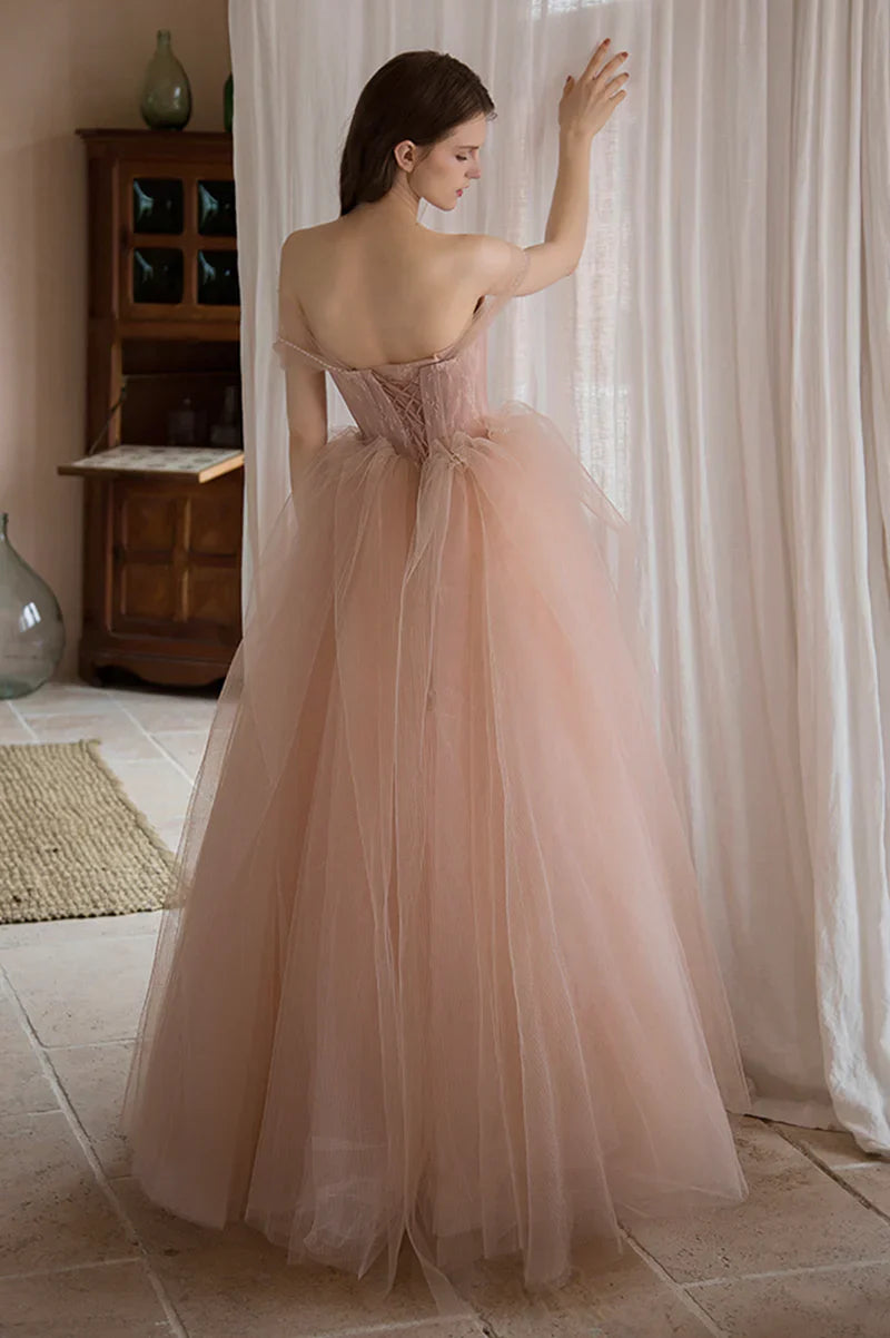 Gorgeous Pink Tulle Off Shoulder Full Of Charm Prom Dress