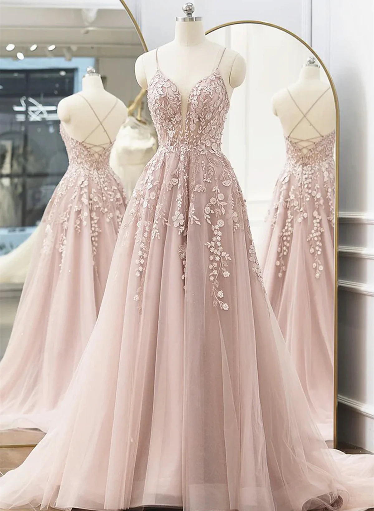 Pink Tulle with Lace Straps Long Full Of Charm Prom Dress