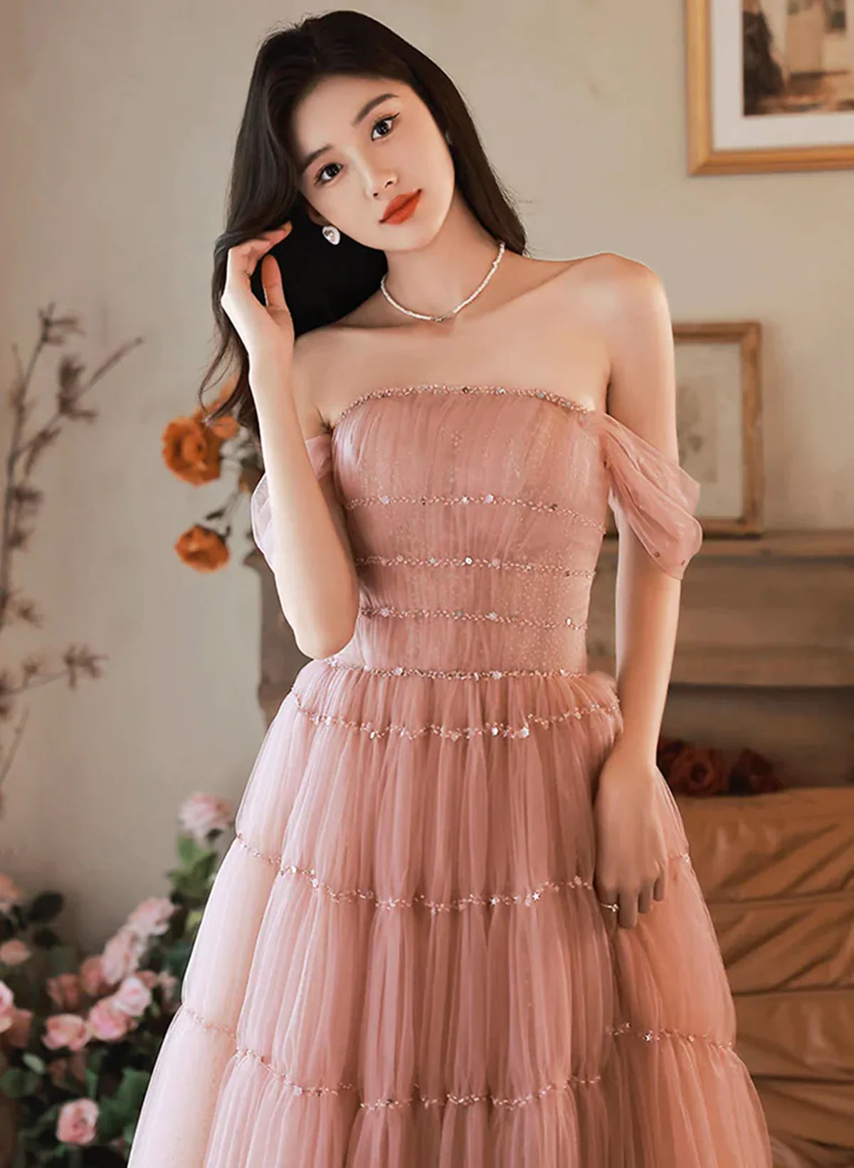 Pink Tulle Floor Length Beaded Long Full Of Charm Prom Dress