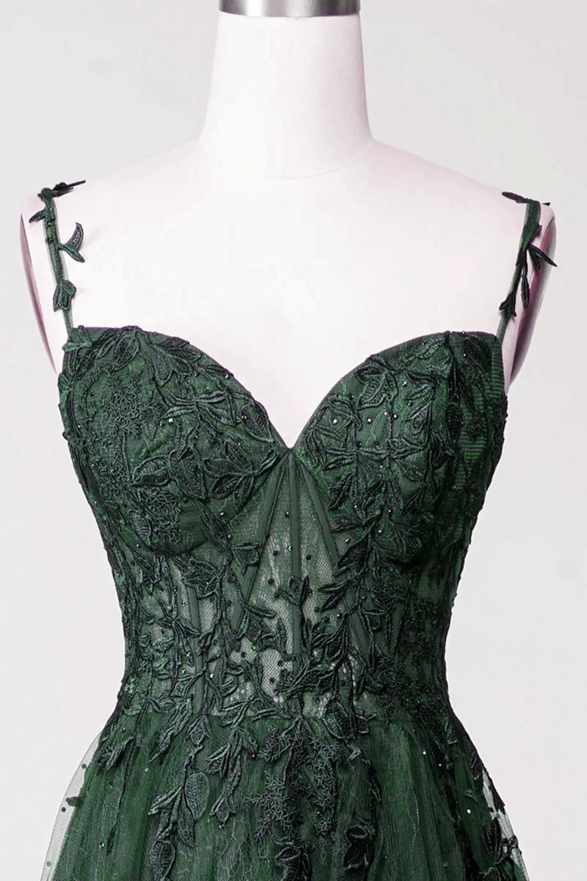 Dark Green Tulle with Lace Beaded Straps Full Of Charm Prom Dress