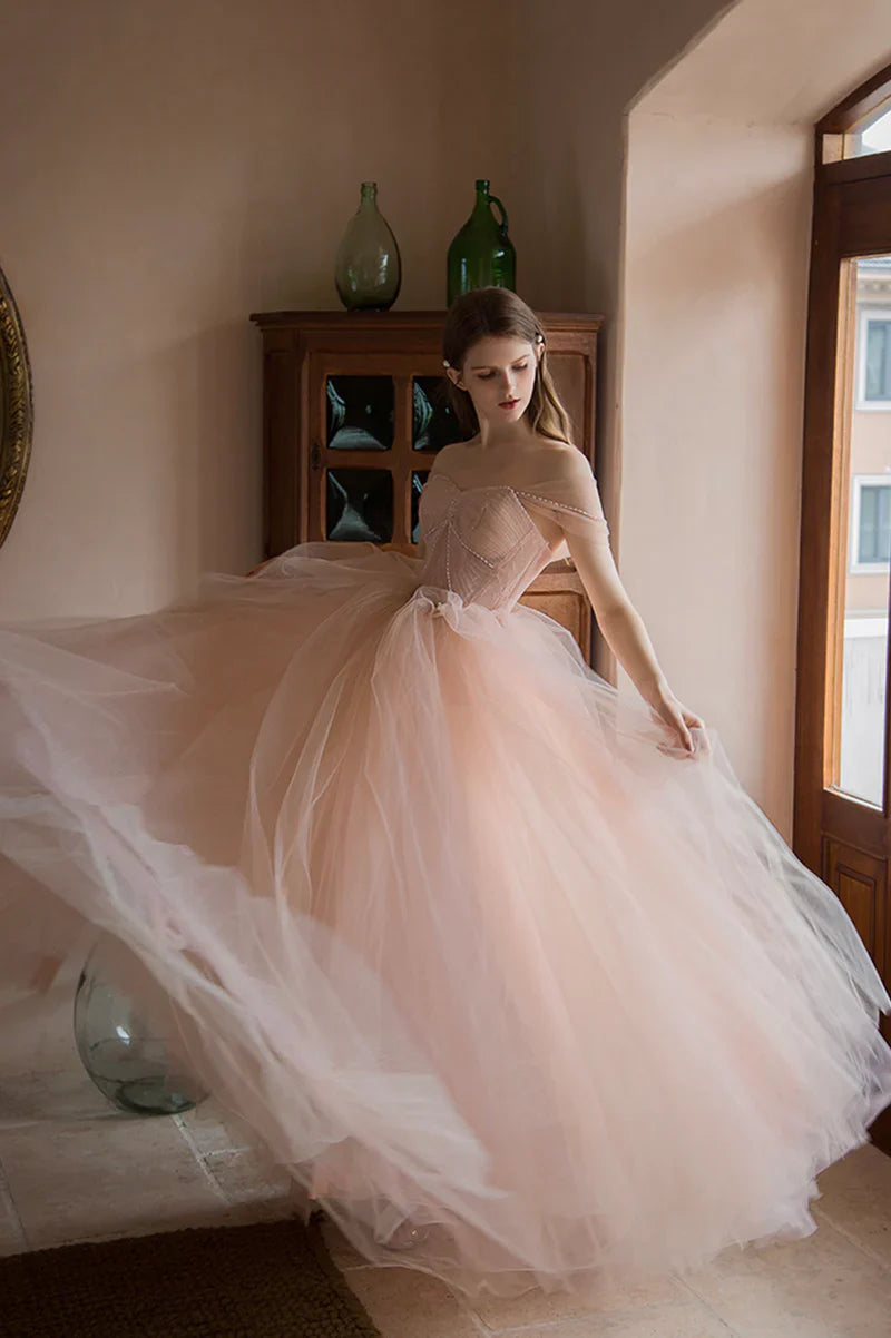 Gorgeous Pink Tulle Off Shoulder Full Of Charm Prom Dress