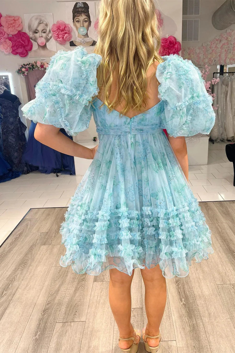 Aqua Chiffon Sweetheart Ruffles A-Line Cocktail Dress with Puff Sleeves