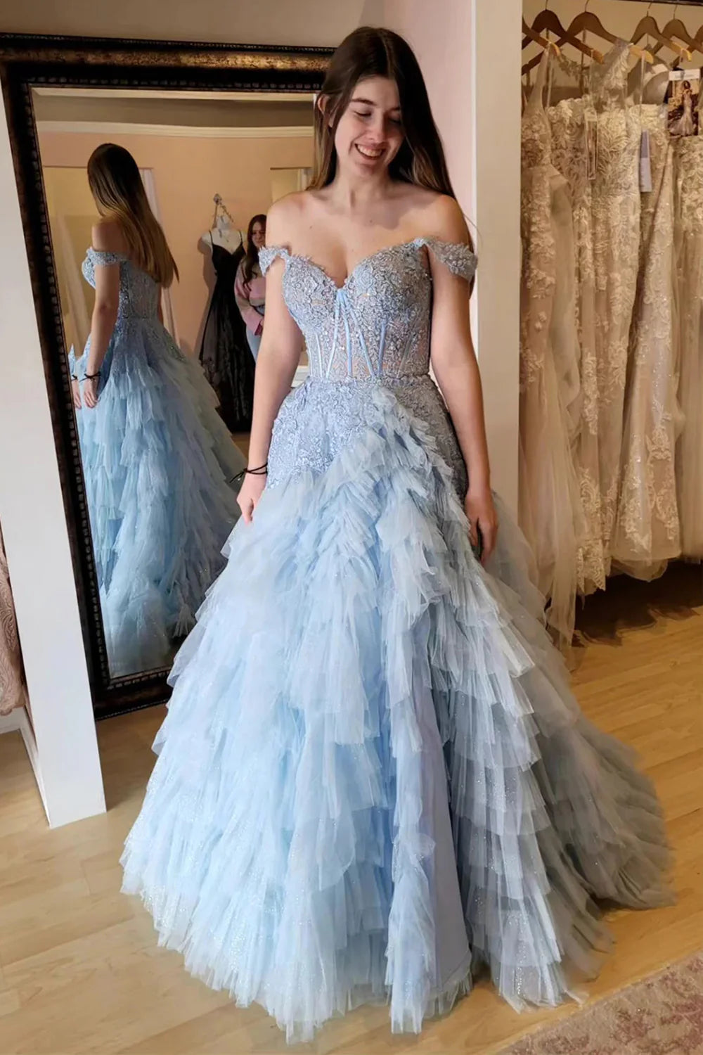 Princess A Line Off the Shoulder Light Blue Corset Full Of Charm Prom Dress