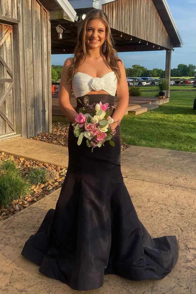 Strapless Mermaid Bow Sleeveless Satin Long Formal Prom Dress