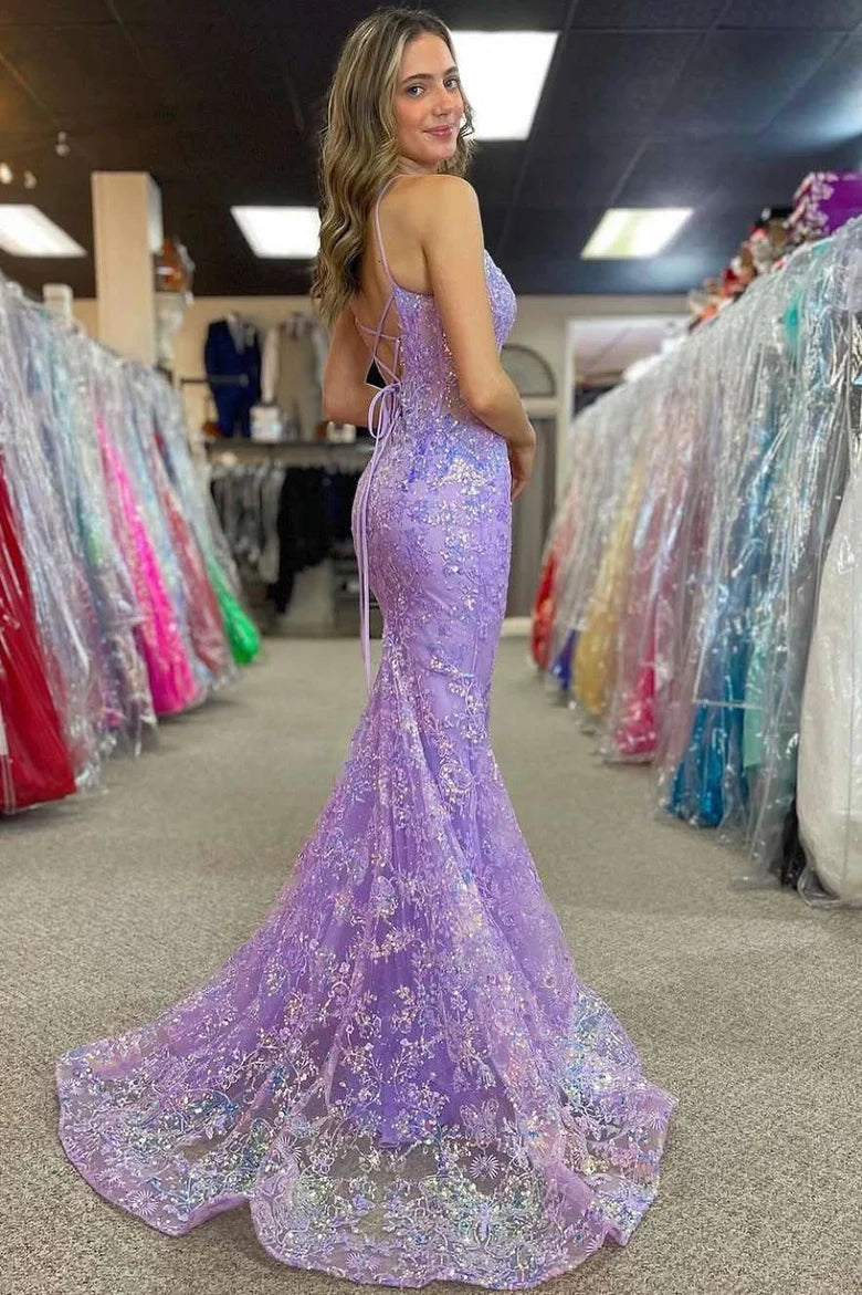 Mermaid Spaghetti Straps V-Neck Appliques Long Prom Dress