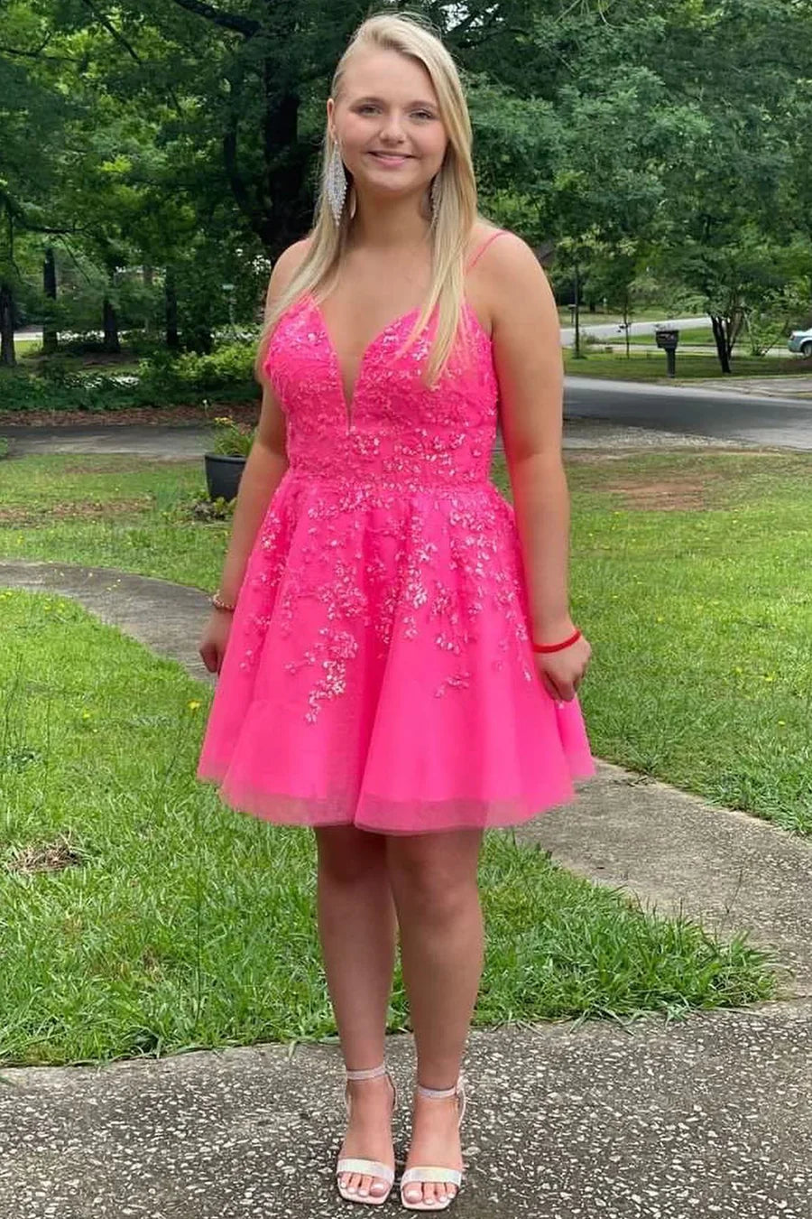 Hot Pink Sequin Lace V-Neck A-Line Retract Your Waist Homecoming Dress