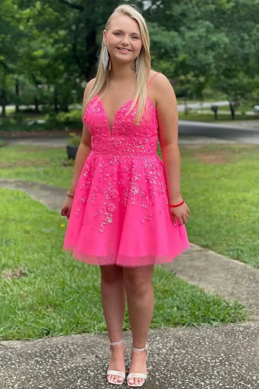 Hot Pink Sequin Lace V-Neck A-Line Homecoming Dress
