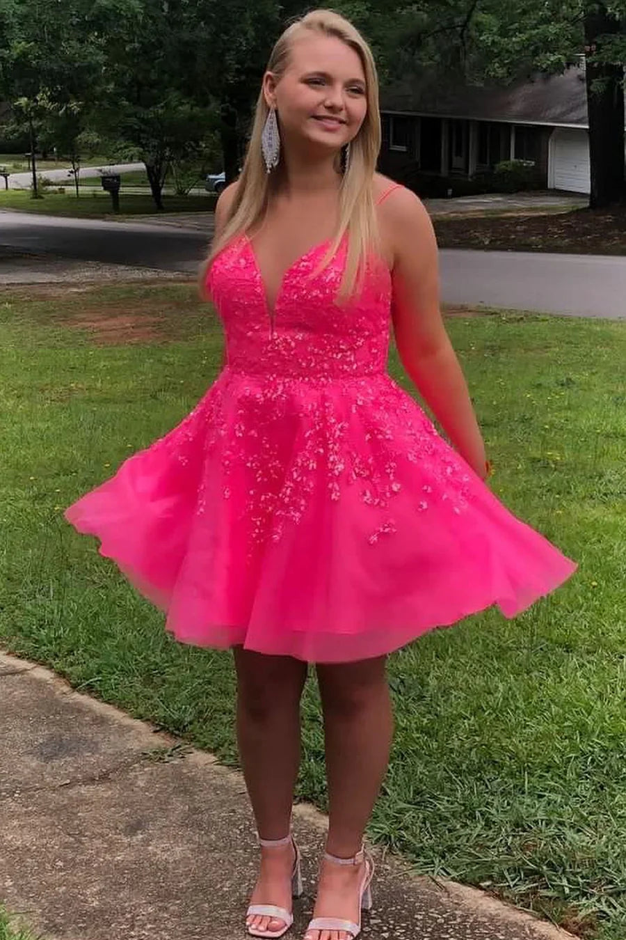Hot Pink Sequin Lace V-Neck A-Line Retract Your Waist Homecoming Dress