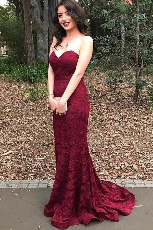 Burgundy Strapless Sweetheart Lace Mermaid with Train Evening Dresses