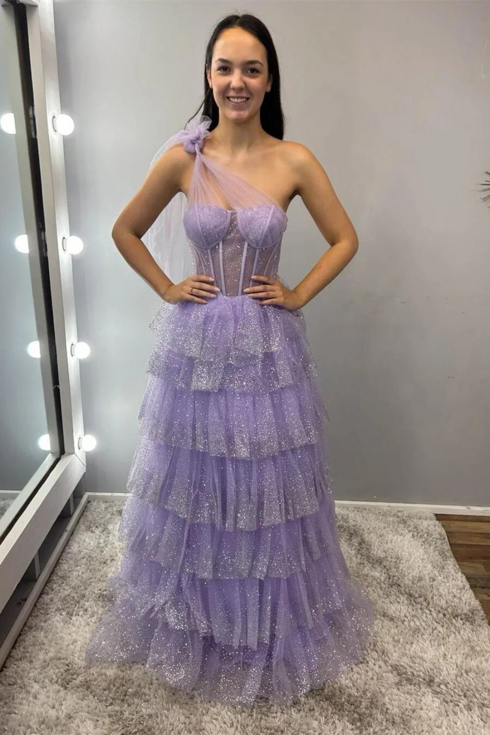 Charming A Line One Shoulder Purple Corset Prom Full Of Charm Evening Dresses