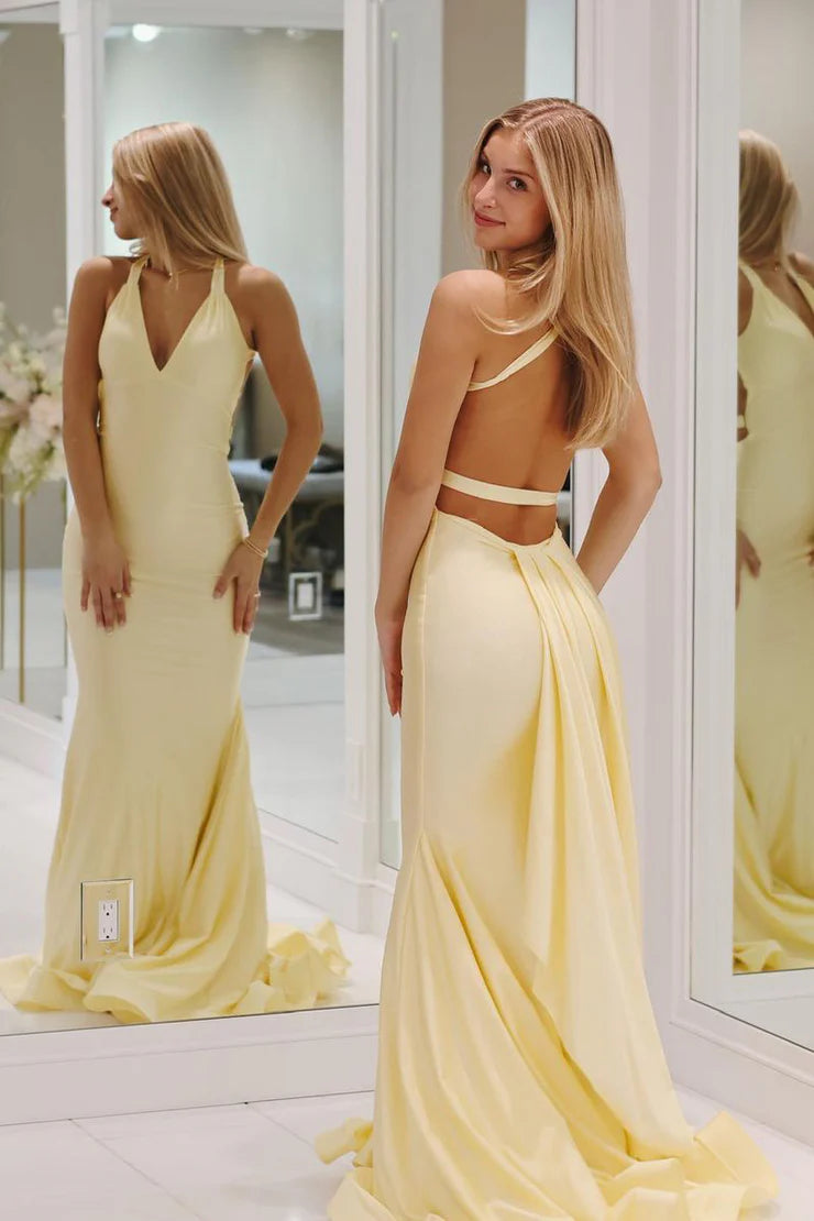 Mermaid Halter Backless Yellow Satin Long Full Of Charm Prom Dress