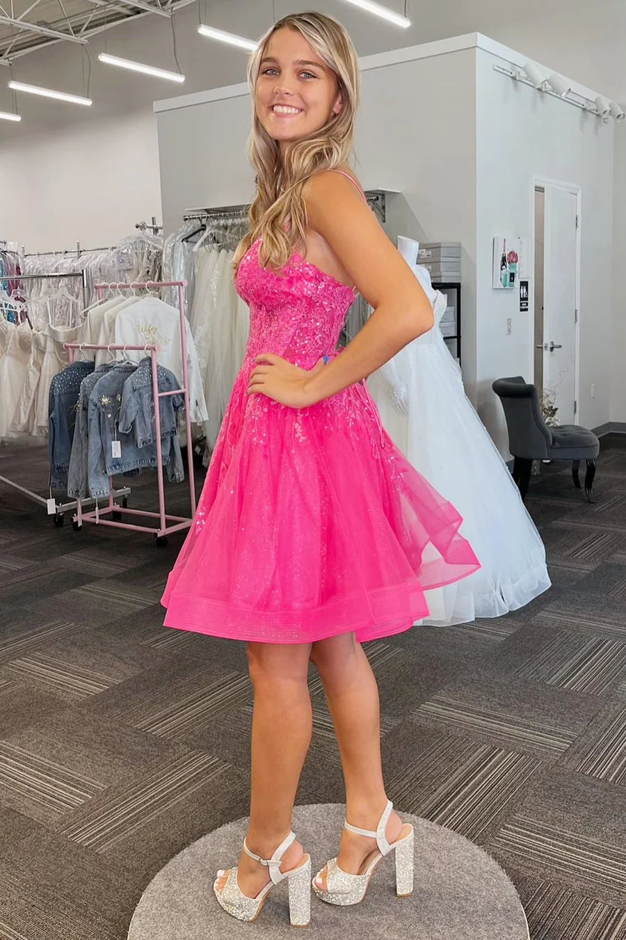 Hot Pink Tulle Sequin Lace-Up A-Line Retract Your Waist Homecoming Dress