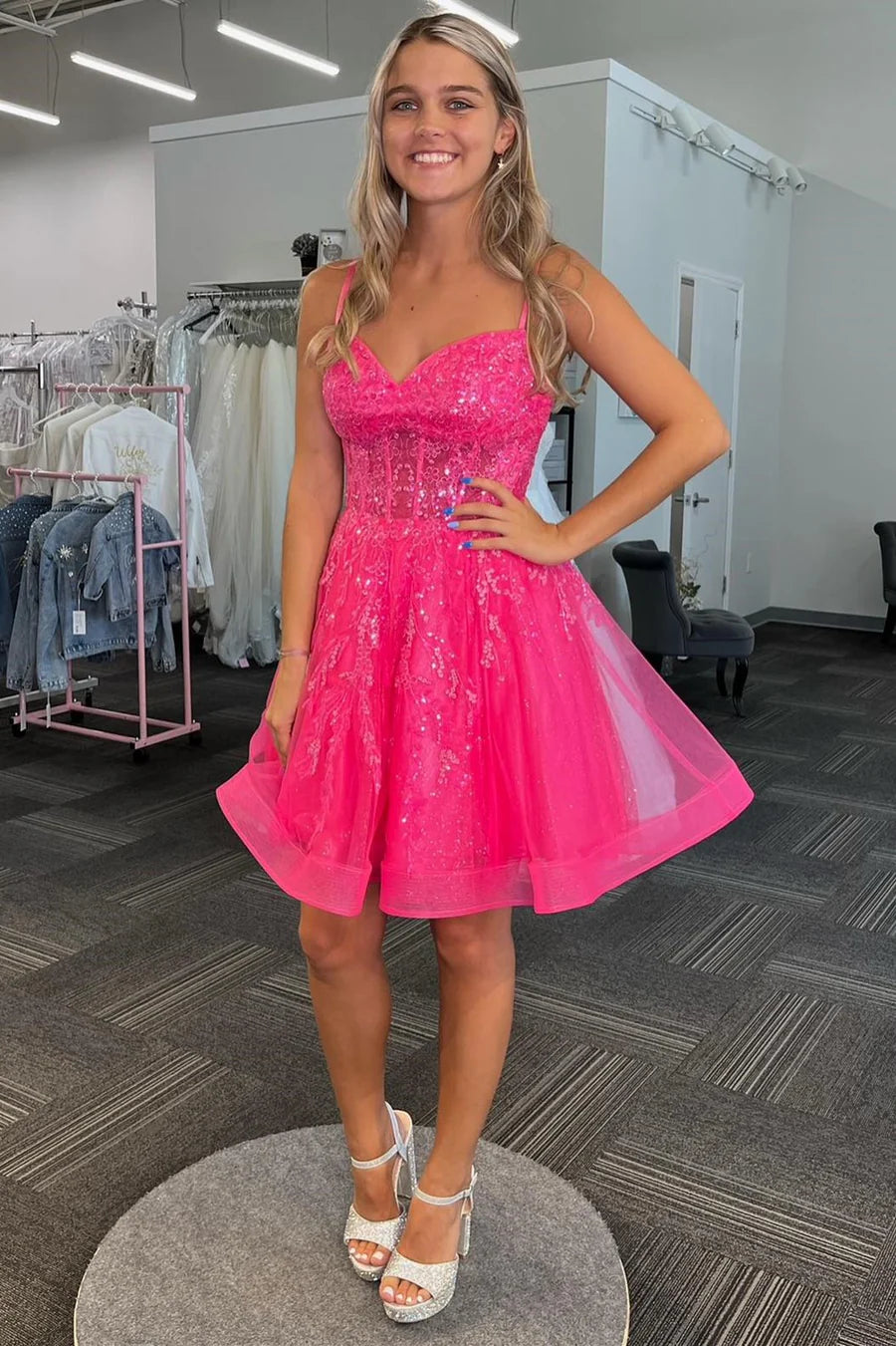 Hot Pink Tulle Sequin Lace-Up A-Line Retract Your Waist Homecoming Dress