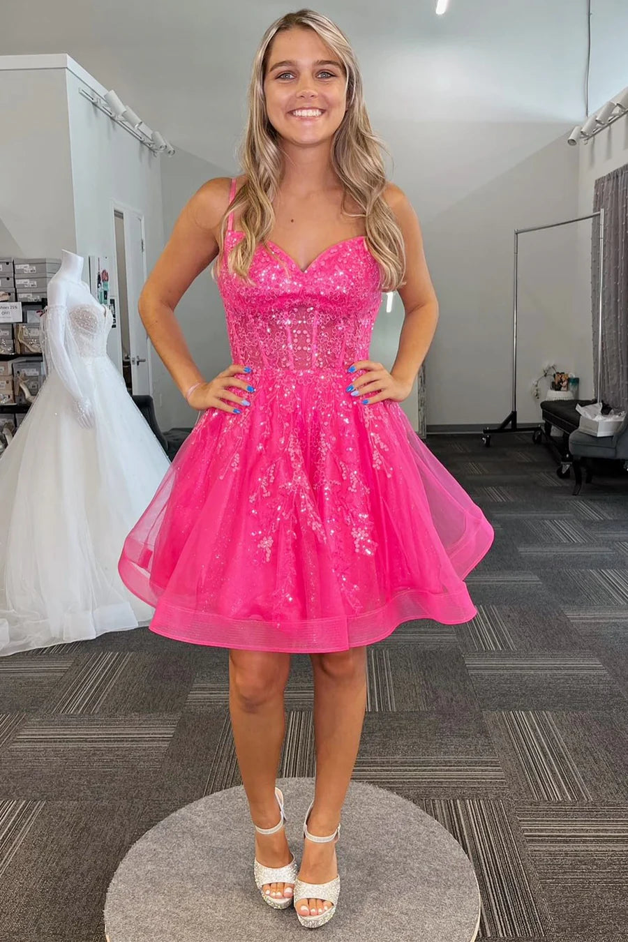 Hot Pink Tulle Sequin Lace-Up A-Line Retract Your Waist Homecoming Dress