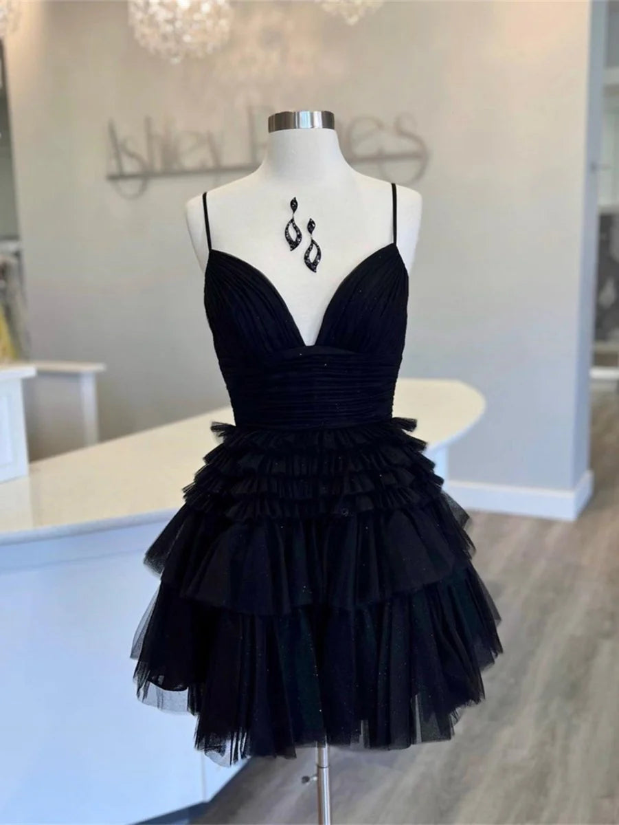 A-Line Deep V Neck Tiered Short Full of charm Homecoming Dress