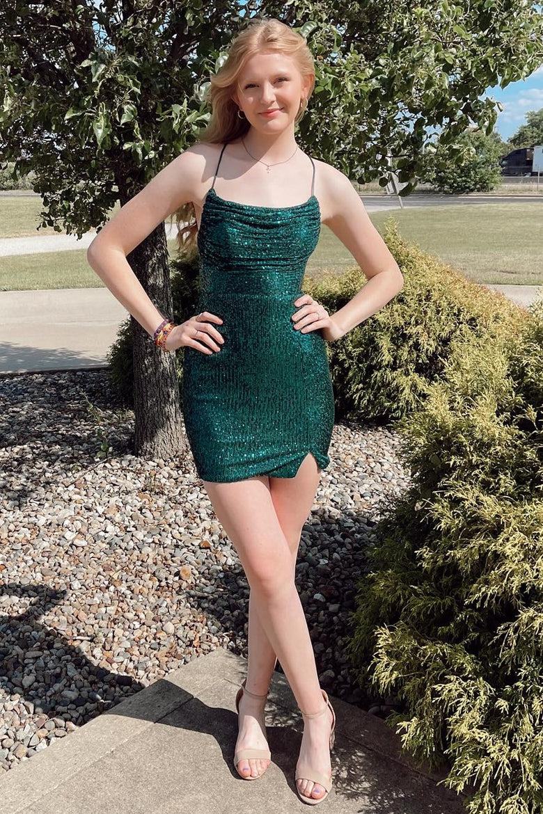 Hunter Green Sequin Lace-Up Mini Retract Your Waist Homecoming Dress