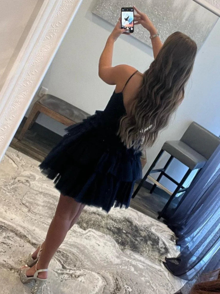 A-Line Deep V Neck Tiered Short Full of charm Homecoming Dress