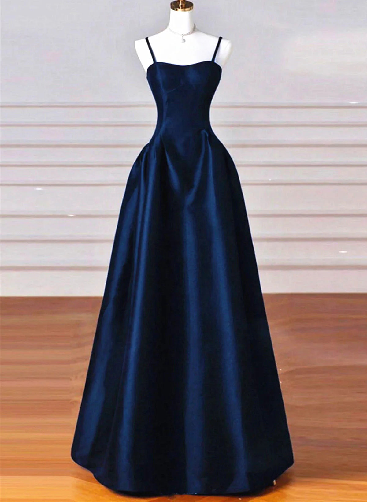 A-line Navy Blue Satin Straps Long Full Of Charm Prom Dress