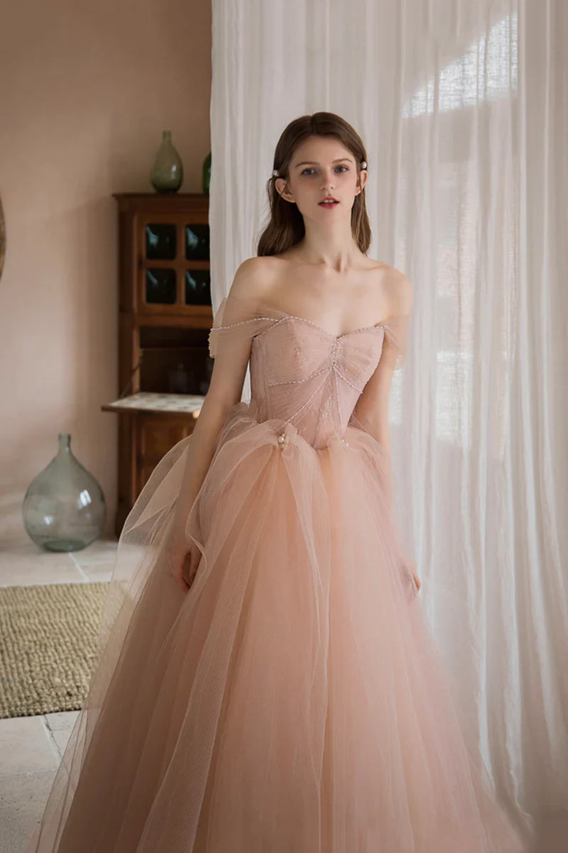 Gorgeous Pink Tulle Off Shoulder Full Of Charm Prom Dress