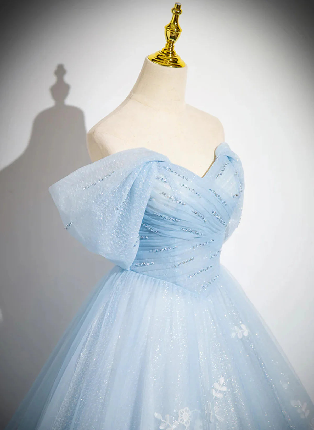 Light Blue Tulle Off Shoulder Beaded Full Of Charm Prom Dress