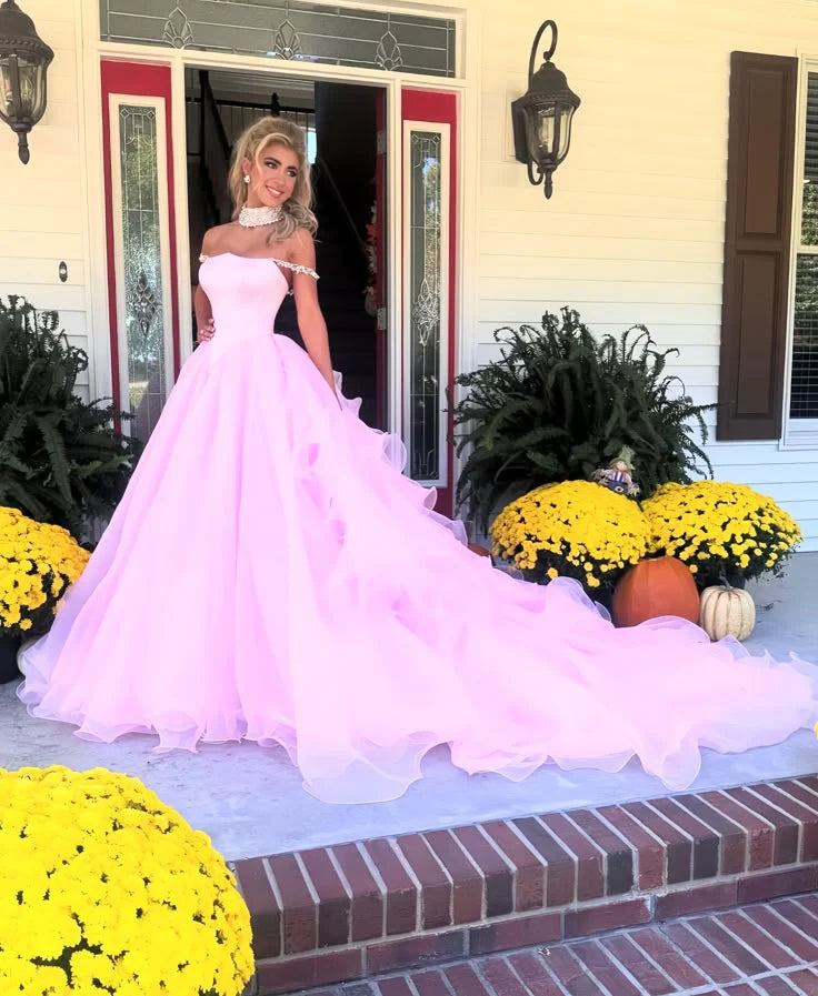Charming A Line Off the Shoulder Pink Tulle Long Party Dress