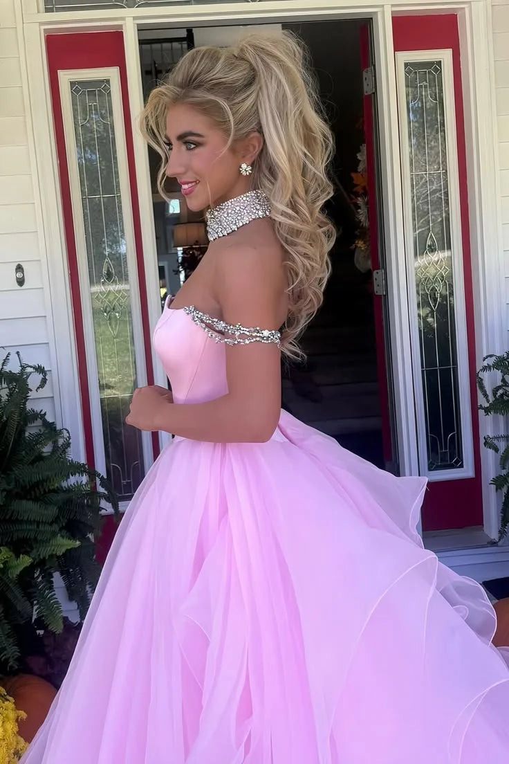 Charming A Line Off the Shoulder Pink Tulle Long Party Dress