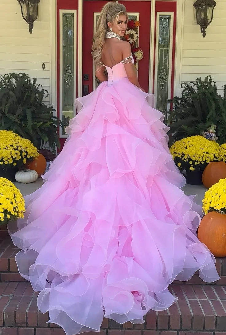 Charming A Line Off the Shoulder Pink Tulle Long Party Dress