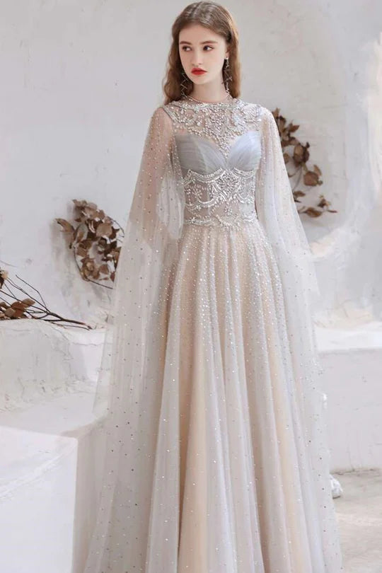Glamorous Light Grey Tulle Beaded Long Prom Gown