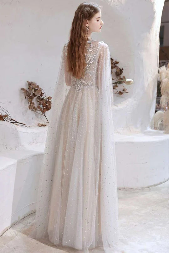 Glamorous Light Grey Tulle Beaded Long Full Of Charm Prom Dress