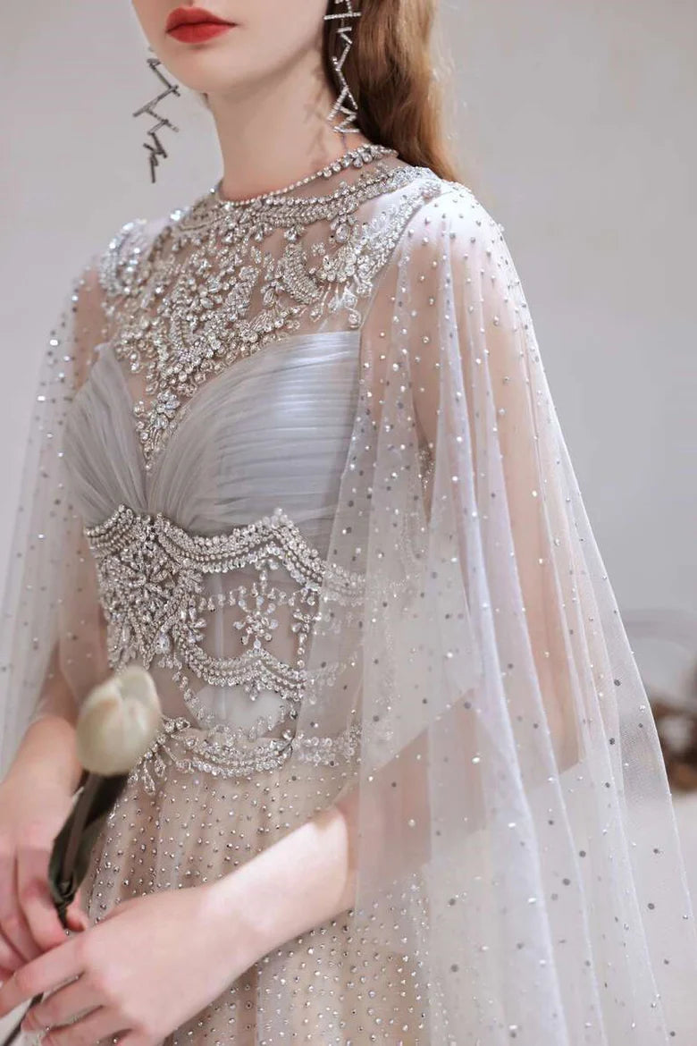 Glamorous Light Grey Tulle Beaded Long Full Of Charm Prom Dress