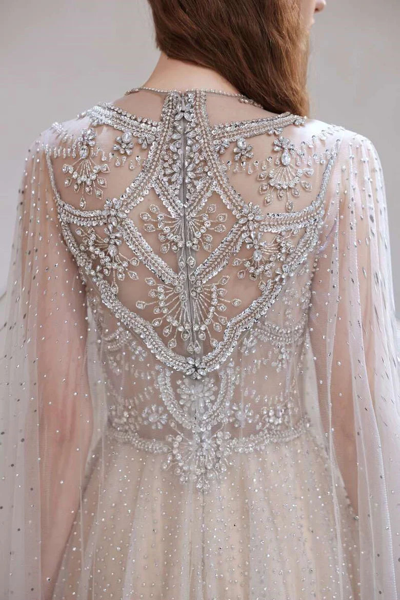 Glamorous Light Grey Tulle Beaded Long Full Of Charm Prom Dress