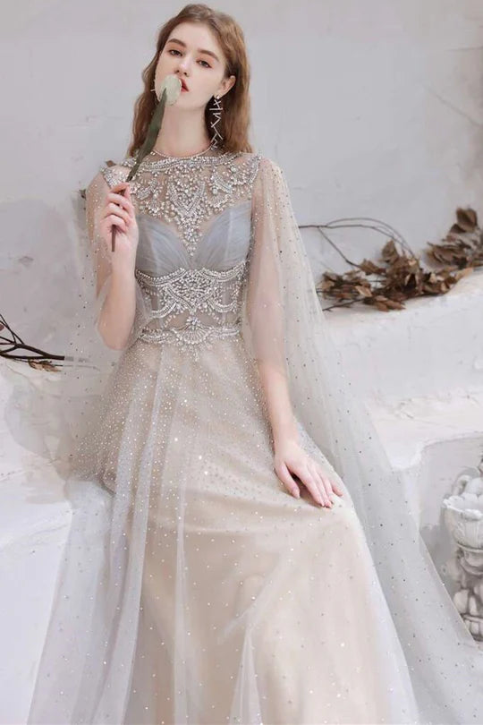 Glamorous Light Grey Tulle Beaded Long Full Of Charm Prom Dress