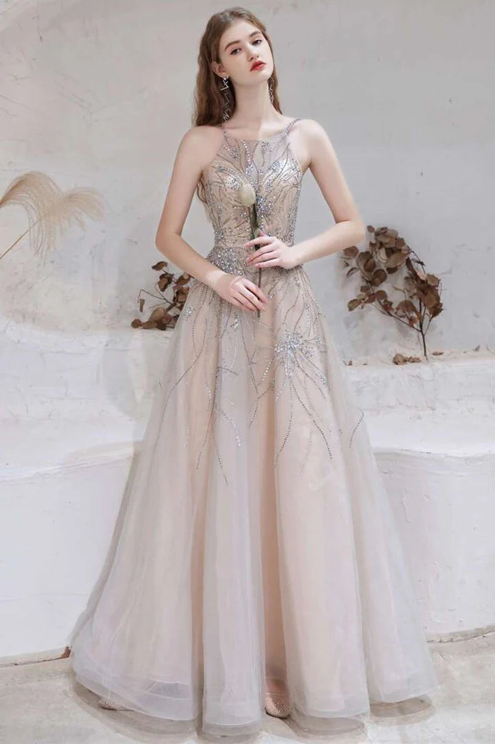 Gray Tulle A-line Spaghetti Straps Beaded Long Prom Dress