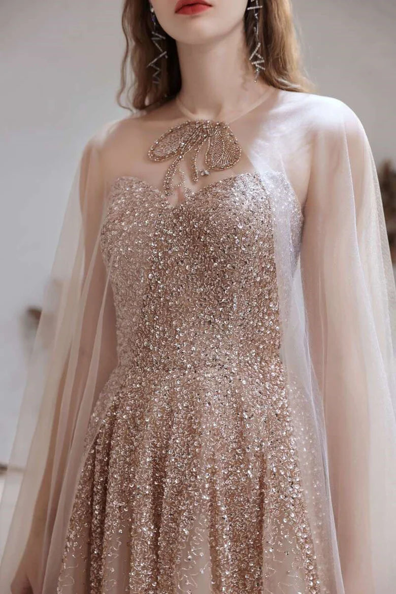 Gradient Rose Gold Tulle Strapless Prom Gown with Cape