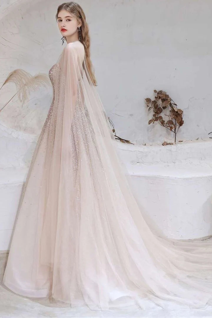 Gradient Rose Gold Tulle Strapless Prom Gown with Cape