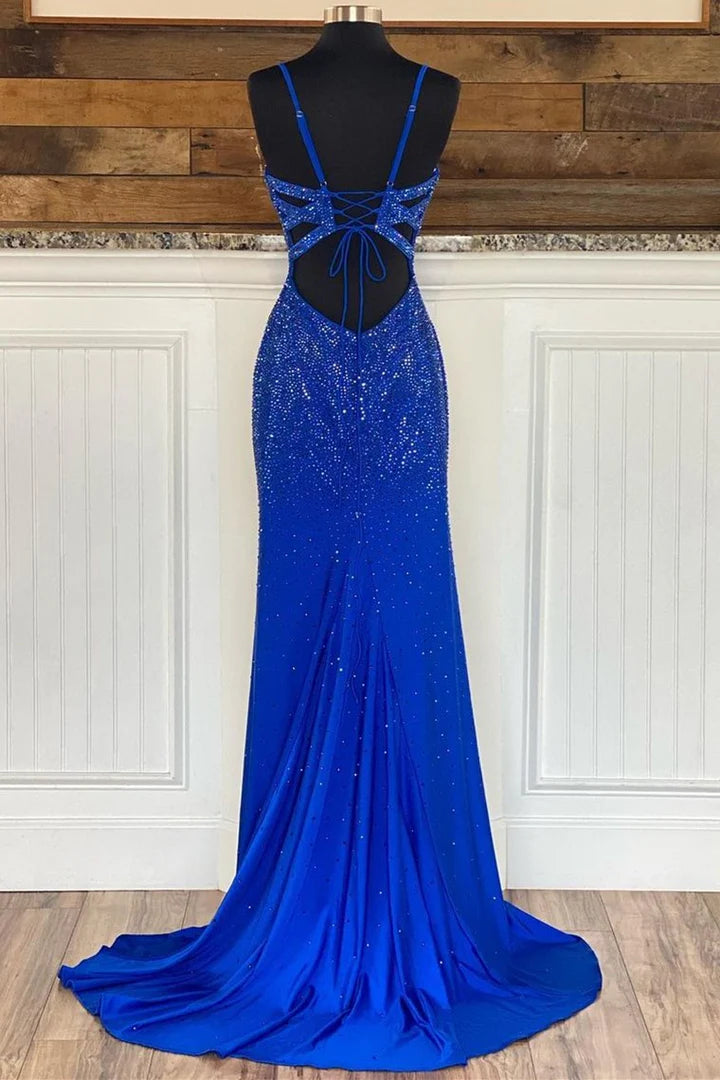 Royal Blue Beaded V-Neck Mermaid Long Full Of Charm Prom Dress