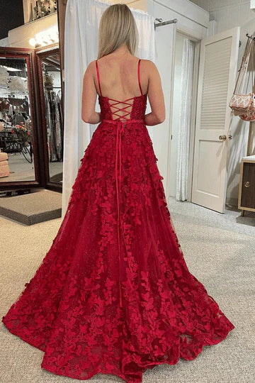 Red Spaghetti Straps Appliques Floral A-Line Long Prom Dress