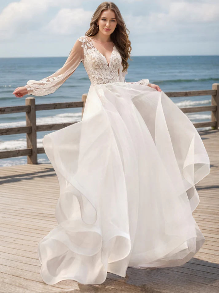 Ball Gown V-Neck Long Sleeves Lace Full of charm Wedding Dresses