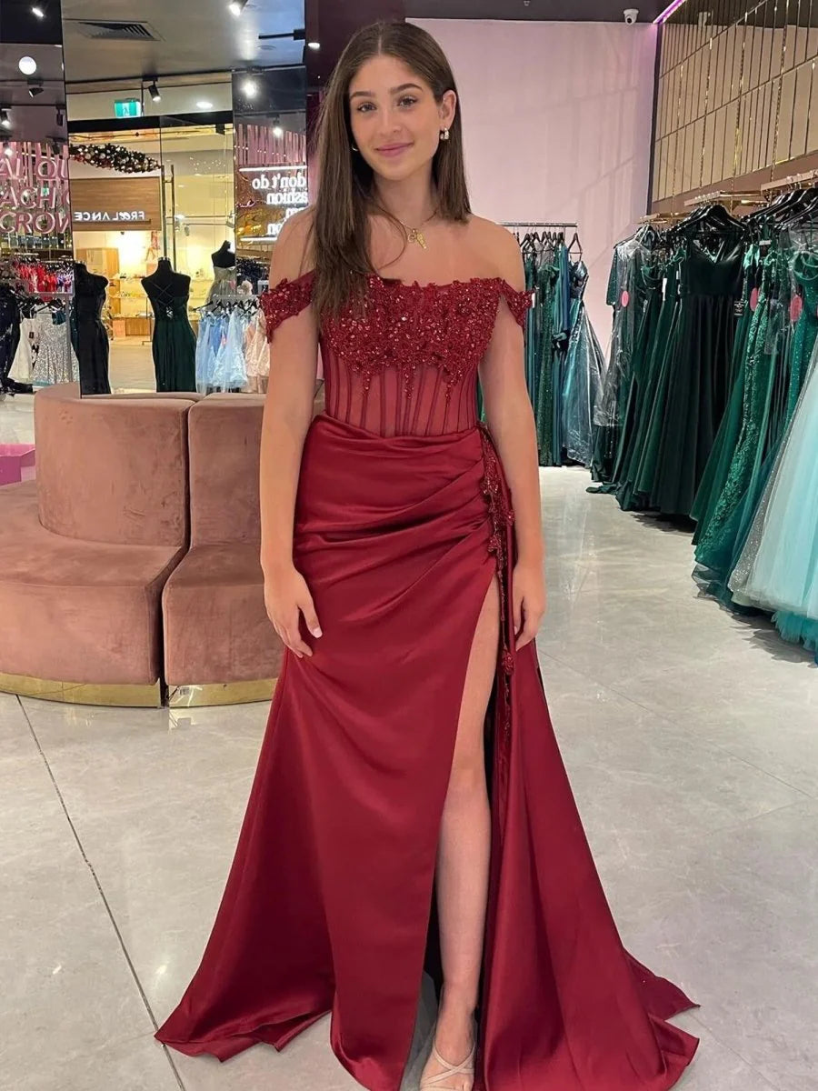 Off the Shoulder Satin Beaded Full of charm Prom Dress