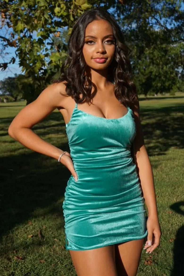Turquoise Velvet Lace-Up Short Unique Design Homecoming Dress