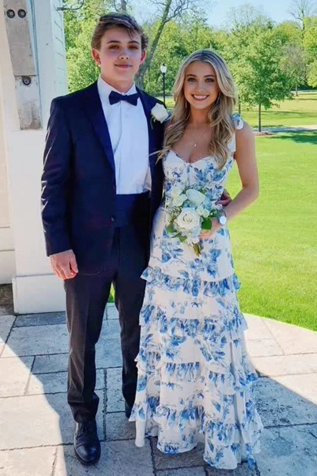 A Line Spaghetti Straps Blue Printed Long Full Of Charm Prom Dress