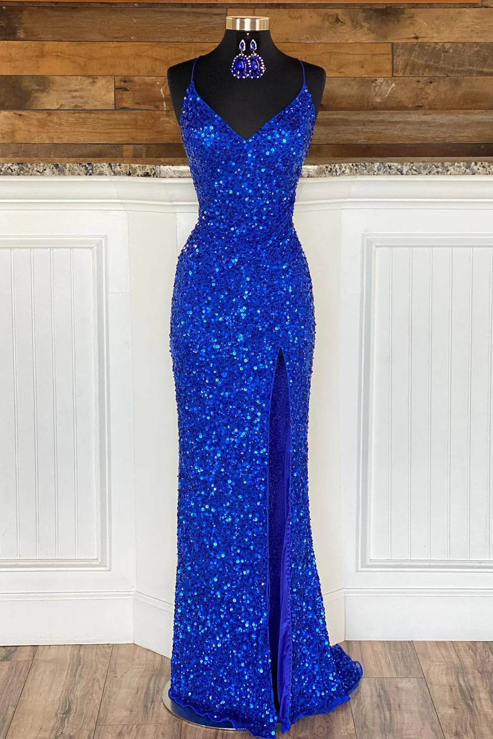 Sheath Spaghetti Straps Royal Blue Sequins Long Prom Dress