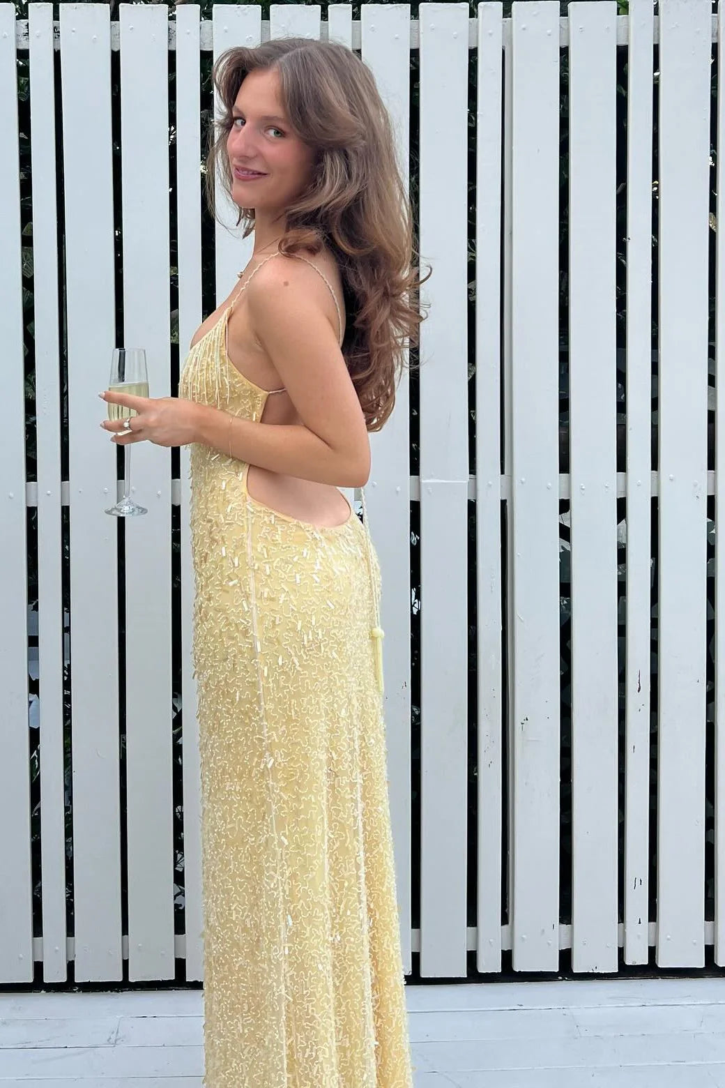 Stylish Sheath Spaghetti Straps Yellow Sequins Long Party Dress