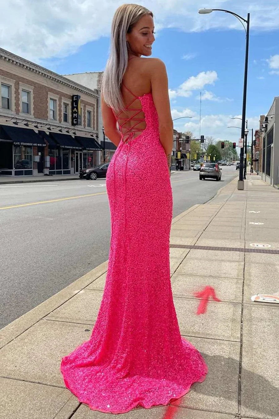 Neon Pink Sequin Mermaid Long Formal Dress