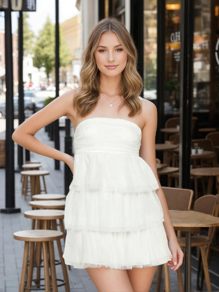 A-Line/Princess Strapless Layered Ruffle Tulle Mini Dresses Short Homecoming Dresses