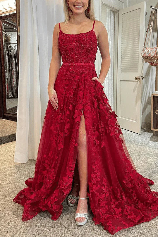 Red Spaghetti Straps Appliques Floral A-Line Long Prom Dress