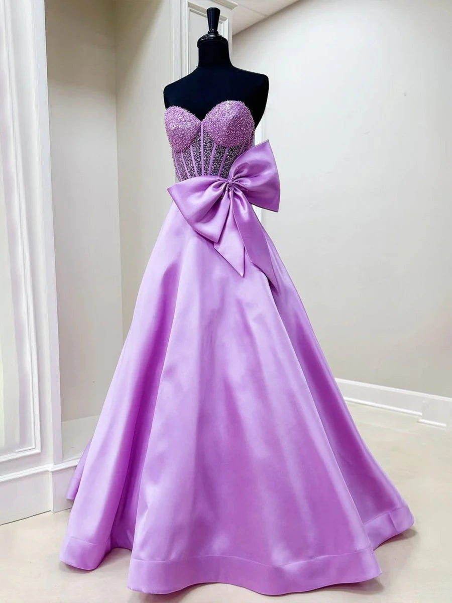 A-Line Sweetheart Lilac Beaded Long Retract Your Waist Party Dress